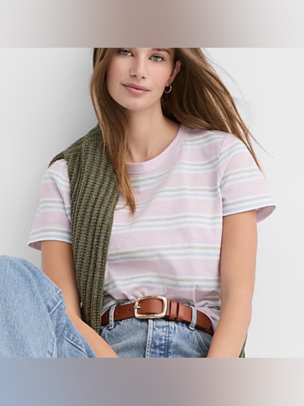 NWT LOFT Striped Everyday Crew Tee Pink Sage White Size L
